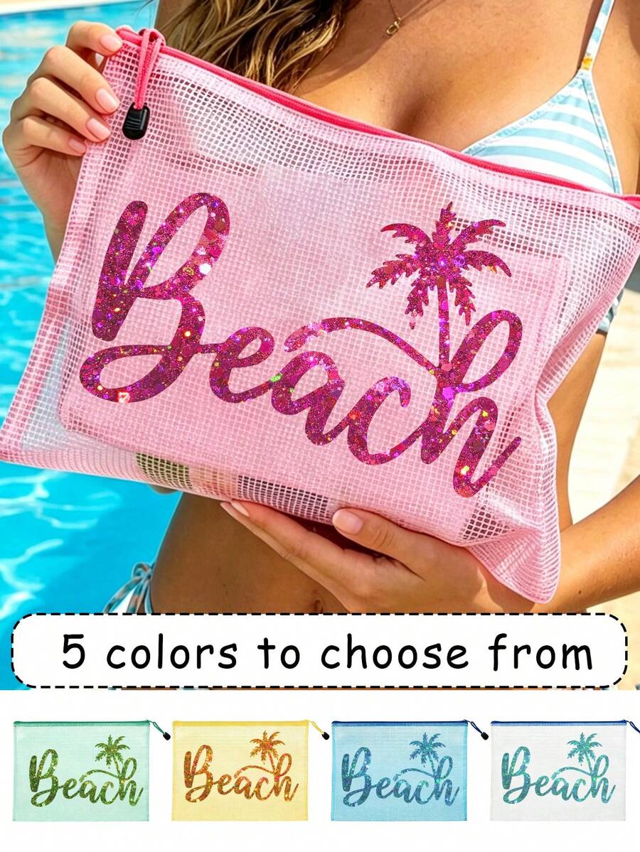 彩色大容量防水收納袋,印有椰子樹「BEACH」圖案,游泳袋,海灘主題,大容量透明化妝袋,輕量,春/夏收納,非常適合游泳、海灘、潛水和夏季度假,學生返校,輕量防曬收納袋,適合朋友、家人、女朋友和同學。生日、節日、派對、婚禮(伴娘)、教師節禮物,返校季節 - 彩色 - 查看 1