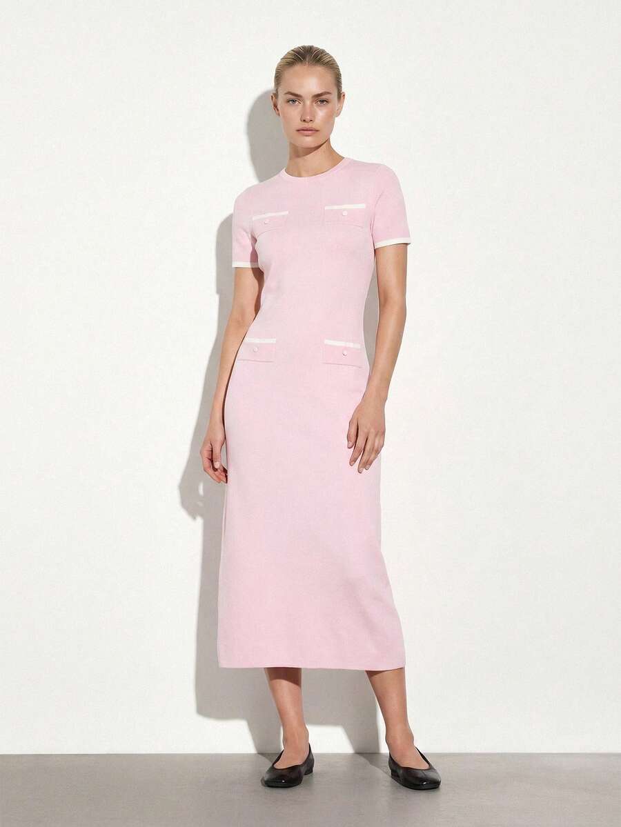 KSTM Vestido de Tricô Midi de Manga Longa com Detalhe em Contraste, Decote Redondo, Casual para Outono e Inverno, Uso Diário - Rosa chiclete - Visão 1