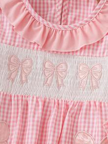 Pink And White Plaid Ruffle Collar Bow Embroidered Long Sleeve Dress For Girls - Pink - View 4