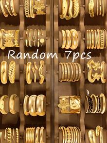 25/20/13/7/5pcs Fashionable Minimalist Elegant Exquisite Vintage Design Multi-Layer Stackable Old Money Style Geometric Ribbon Wave Leopard Print Flower Knot Heart Face Embossed Texture Hammered Water Drop Smooth Minimalist Plain Metal Exaggerated Wide Chunky Bangle Set For Holiday Vacation Party Date Gift Daily Commute Wear (Randomly Shipped) - Yellow Gold - View 5