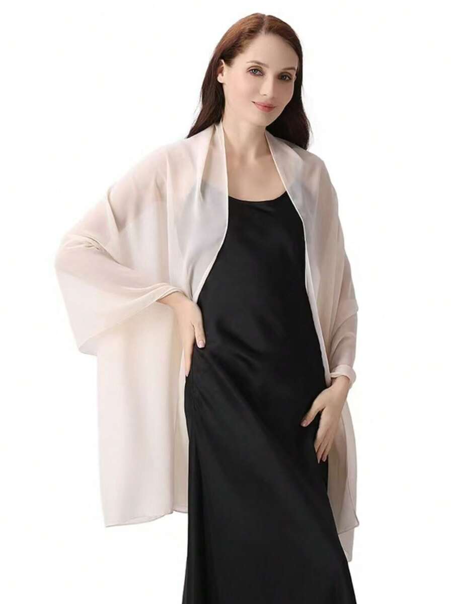 Women's Soft Solid Color Sheer Shawl Prom Party Dress Accessory Chiffon Wrap - Champagne - View 1