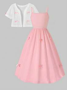 2pcs/Set Pakaian Kasual Anak Perempuan Warna Polos dengan Hiasan Pita, Atasan Kardigan Lengan Pendek dan Gaun Kasual Selutut dengan Tali Bahu Tipis, Musim Panas - Berwarna merah muda - View 1
