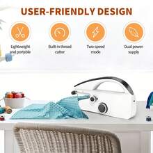 Juego de 14 piezas/44 piezas/55 piezas Máquina de coser a mano, adecuada para principiantes, máquina de coser portátil mini con costura rápida de doble velocidad, dispositivo de costura portátil para el hogar, viajes, manualidades DIY, (Nota: Solo adecuada para telas finas/colores de accesorios aleatorios) - Blanco - Ver 5
