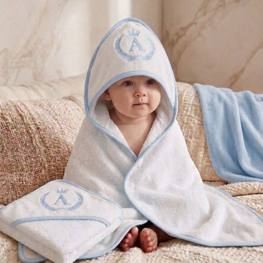 Set Of 2 Personalized Baby Initial/Name Hooded Bath Towels With Embroidery, 100% Cotton, High Absorption, Blue - 藍色 - 查看 1