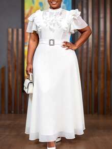 Elegant Plus Size Women White Chiffon Maxi Dress With Mock Neck Layered Ruffle Short Sleeves Belt Rhinestone Buckle Cocktail Party Wedding Guest Gown - White - View 6