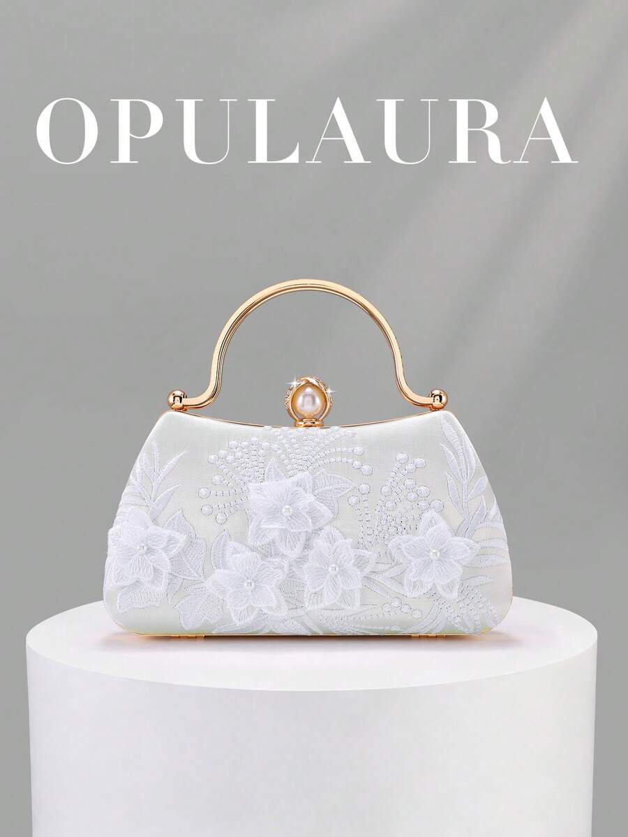 OpulAura 1個白色刺繡花卉圖案肩背包,復古旗袍包,仙女風手拿包,宴會包,伴娘包,新娘包,方形包,晚宴包,珍珠手拿包,亮片珠飾包,正式禮服包,鏈條肩背包 - 白色 - 查看 1
