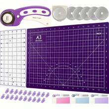 Juego de Cortador Rotativo Rosa - Kit de Costura, Incluye Cortador de Tela de 45mm, 5 Hojas de Repuesto, Tapete de Corte A3, Regla de Acrílico y Clips de Manualidades - Perfecto para Manualidades, Costura, Patchwork, Crochet, Etc. - Púrpura - Ver 1