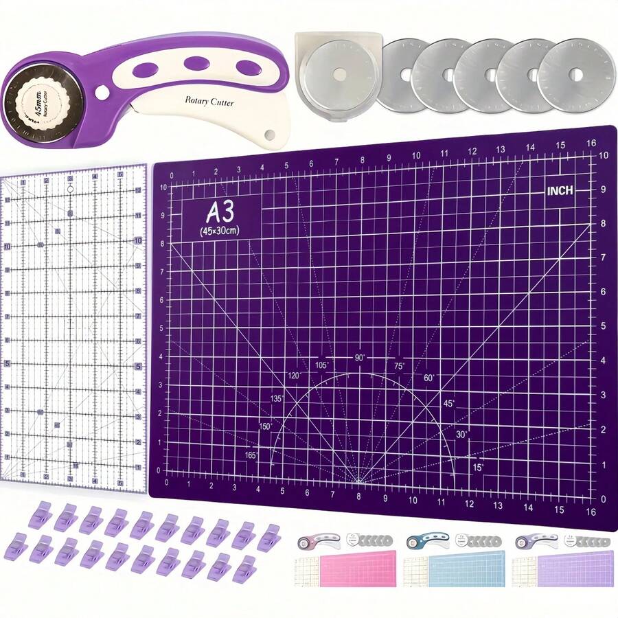Juego de Cortador Rotativo Rosa - Kit de Costura, Incluye Cortador de Tela de 45mm, 5 Hojas de Repuesto, Tapete de Corte A3, Regla de Acrílico y Clips de Manualidades - Perfecto para Manualidades, Costura, Patchwork, Crochet, Etc. - Púrpura - Ver 1