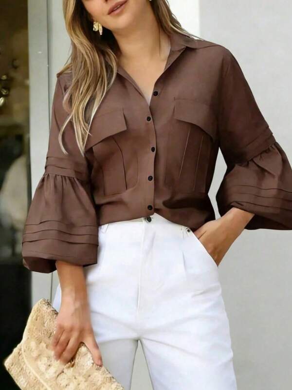 Women's Brown Lapel Collar Shirt, Ruffle Bell Sleeves, Pocket Detail, Vintage Style Autumn Fashion Crop Top