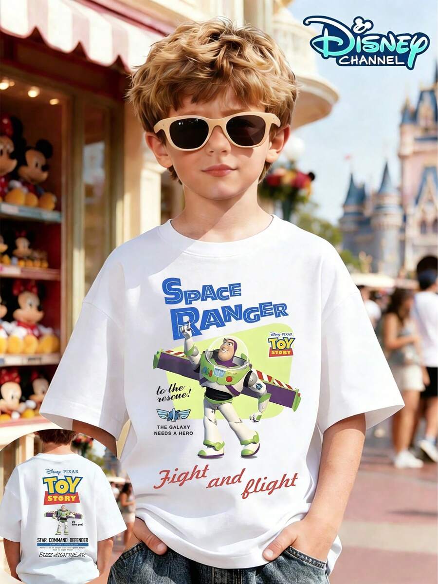 Boys' Disney "Toy Story" Buzz Lightyear Print Pure Cotton Short-Sleeve T-Shirt - Soft, Breathable, Casual Top - White - View 1