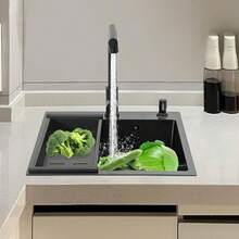 GDAE10 Spülbecken Schwarz 50x45 cm, Spülbecken 1 Becken, Küchenspüle Edelstahl Eckig, Waschbecken Küche Klein Einbauspüle, Edelstahlspüle mit herausziehbarem Wasserhahn, Abtropfkorb, Seifenspender a nice gift for friend - default@JZSKFJ-010700*1 - Übersicht 1