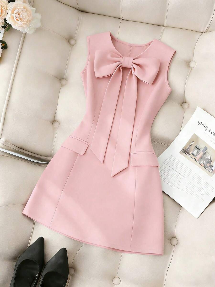 Women's Solid Color Dress, Round Neck, Fitted, With Front Bow And Sleeveless - White - View 1