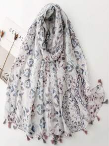 Floral Print Polyester Scarf Suitable For Vacation Wear - Light Grey - View 11