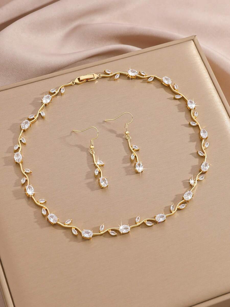 3pcs Luxury Dreamy Elegant Pink Zirconia Flower Vine Leaf Chain Necklace And Earrings Jewelry Set, Suitable For Women Daily Commute, Birthday, Valentine's Day, Wedding, Party Occasions, Gift For Mom - Gold - View 1