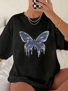 Top de verano para mujer estilo Y2K, lindo y divertido. Mariposas con degradado de tinta difusa, toque artístico que gotea, estilo fresco y sofisticado, estética oscura Y2K. Camiseta de Muje - Negro - Ver 1