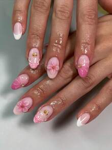 24pcs Short Oval 3D Gel Nail Art, Pearl Flower Design, French Acrylic Press-On Nails, Perfect Fit Short False Nail Set, Includes: 1pc Jelly Glue And 1pc Nail File - Pink - View 10