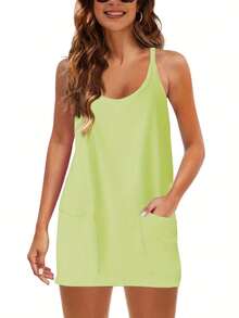 Women's Sleeveless Summer Mini Dress, Spaghetti Strap Style, Short Dress With Pockets - Green - View 4