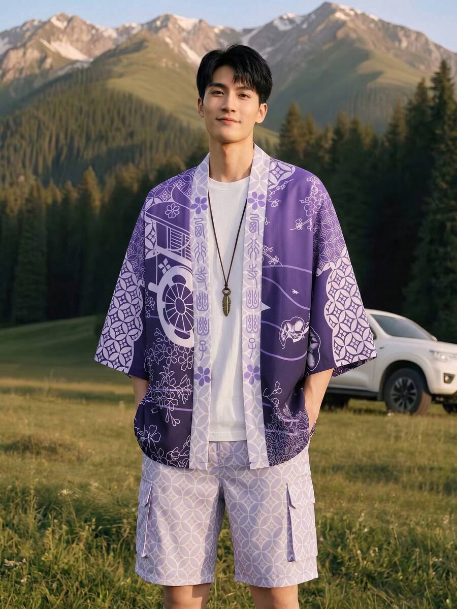 Elegant Purple Geometric Pattern 3/4 Sleeve Robe, Traditional Design Loose Fit Sunscreen Jacket, Unisex Casual Kimono Cardigan - Purple - View 1