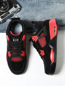 Men's Black Red Contrast Mid Top Sneakers, Air Cushion Non-Slip Retro Basketball Shoes For Daily Street & Casual Outfit - 紅雷神 - 查看 2