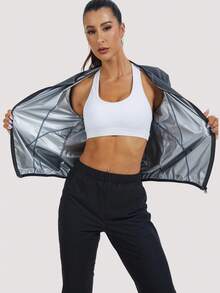 Women's Long Sleeve Sauna Suit Weight Loss Zipper Contrast Color Sauna Jacket Sweat Workout Gym Exercise Sports - Grey - View 3