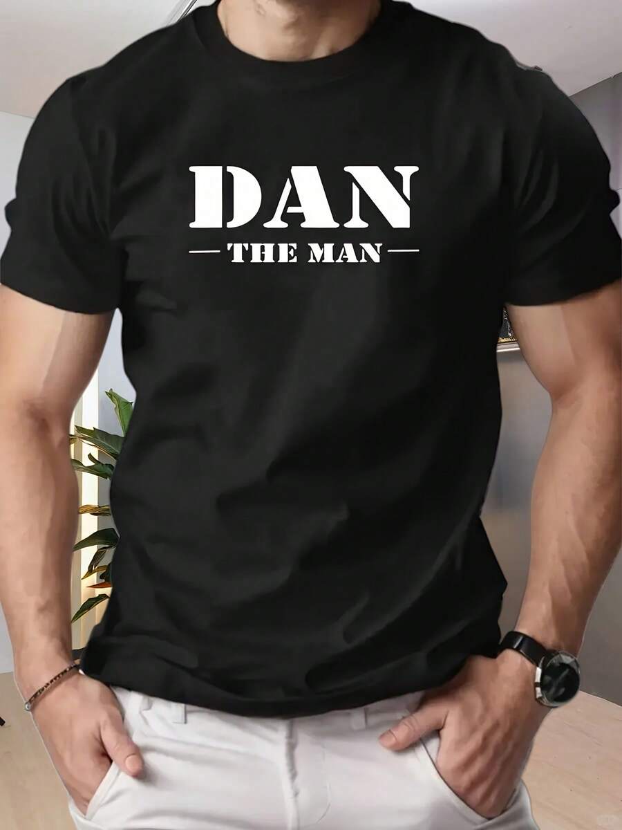 Camiseta Deportiva Casual para Hombre con Estampado Gráfico DAN en Inglés, Cuello Redondo, Lavable a Máquina, Corte Regular, Tejido Transpirable, para Uso Diario, Exterior y Casual - Negro - Ver 1