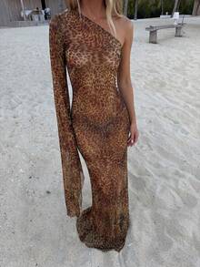 Women's Fashion Sexy Mesh Sheer Summer Vacation Beach Dress, Leopard Print! One Shoulder Long Sleeve! Beach Cover-Up Dress~ Summer Sheer Elegant - Rust Brown - View 3