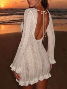 White Knitted Hollow Out Beach Cover-Up, Shell Button Backless Tie-Up Vacation Beach Dress Summer - White - View 3