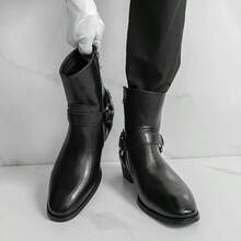 Men's High Heel Chelsea Boots With Double Elastic And Side Zipper - Black - View 4
