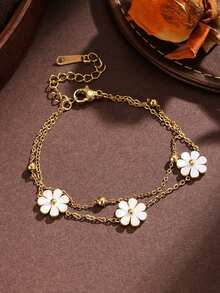 4pcs Ins Style Small Daisy Double Layer Beaded Chain Stainless Steel 18K Gold Plated Necklace Bracelet Earrings Jewelry Set For Women - Gold - View 3