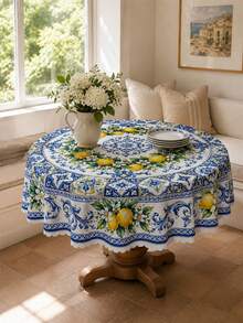1 pieza Mantel multifuncional con patrón floral de limón fresco y azulejo azul mediterráneo Capri, material de poliéster, adecuado para decoración del hogar en todas las estaciones, regalo de boda, reunión familiar, fiesta de vacaciones y decoración de mesa de comedor - Multicolor - Ver 4