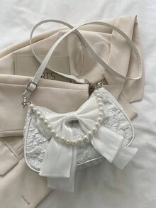 Bolso de mano con cadena de perlas de moda, bolso de hombro - Beis - Ver 6