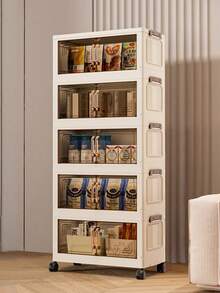 1 Set No-Assembly Folding Storage Cabinet, Stackable Stylish Storage Box With Transparent Door And Casters, Bedroom Clothing Organizer Rack, Space-Saving Ultra-Thin Wardrobe (15.75 Inches Wide) - Multicolor - View 1