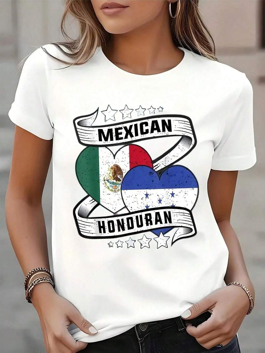 Camiseta de manga corta con cuello redondo y diseño de corazón con la bandera mexicana y hondureñara uso diario y celebraciones culturales, de tela cómoda y adecu para regalar, 220g