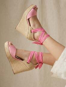 Women's Platform Sandals, Jute Wedge, Espadrille Wedge, High Espadrilles, Tie Straps, Wedge Heel, Comfortable, Casual, Boho, Summer, Women's Fashion - 粉色 - 查看 1