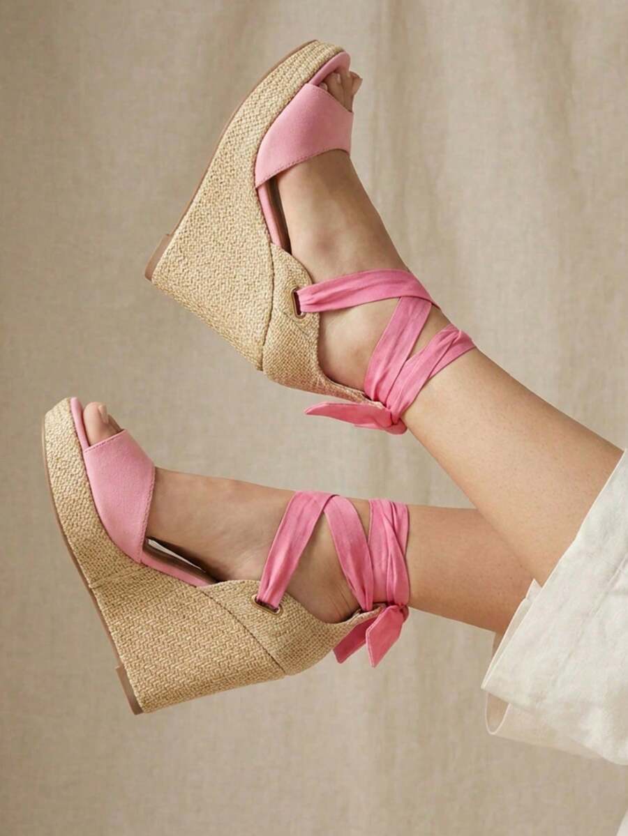 Women's Platform Sandals, Jute Wedge, Espadrille Wedge, High Espadrilles, Tie Straps, Wedge Heel, Comfortable, Casual, Boho, Summer, Women's Fashion - 粉色 - 查看 1