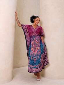 Long Kaftan Dress With Split Fabric And Drawstring, Beach Dress For Vacation - Hot Pink - View 2