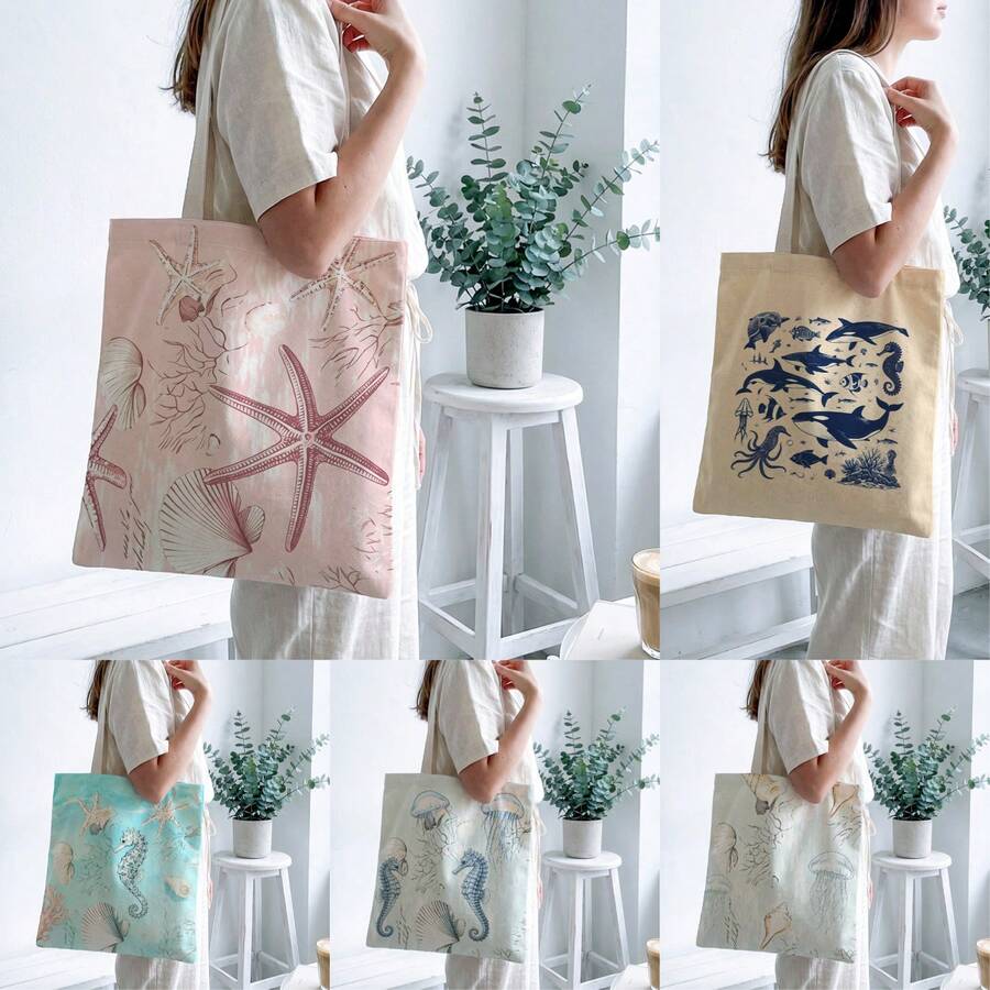 1pc Ocean Print Shoulder Tote Bag, Soft Foldable Large Capacity, Suitable For Carrying Books, Groceries And Daily Use, For Students And Women, Cute And Practical, Perfect For Daily Commute Or Gift - Multicolor - View 1