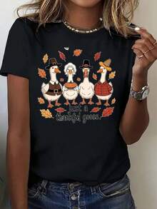 Camiseta casual de mujer con estampado de patos con sombreros de peregrino y hojas de otoño, solo un ganso agradecido para la fiesta del festival de otoño - 220g - Negro - Ver 2