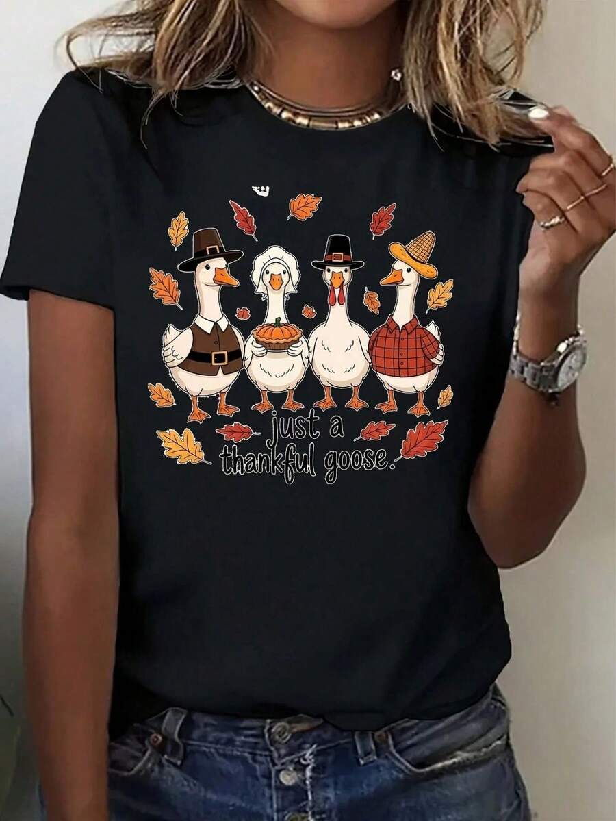 Camiseta casual de mujer con estampado de patos con sombreros de peregrino y hojas de otoño, solo un ganso agradecido para la fiesta del festival de otoño - 220g