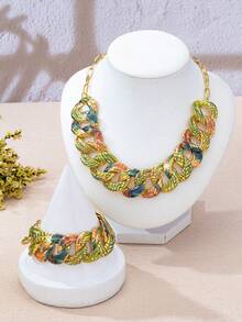2件/組 時尚性感誇張金屬鍊條手鍊與項鍊套組，適合女性日常與派對穿著 - 綠色 - 查看 3