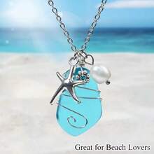 BMOR Handmade Wire Wrapped Blue Sea Glass Pendant Necklace, Bohemian Starfish & Faux Pearl Ocean Necklaces Women, Summer Hawaii Beach Vacation Jewelry Gift - Blue - View 6