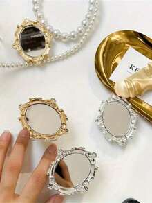 1pc/2pcs Elegant European Vintage Pattern ABS Mirror Phone Stand - Foldable, Portable Stand With Adhesive, Round Desktop Mirror, Suitable For Watching Shows And Live Streaming, Universal For All Phone Models, Ideal Gift, Phone Stand For Desktop - Multicolor - View 7