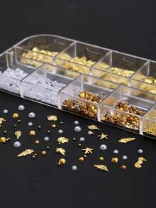 12格美人魚海洋美甲裝飾，金色合金海馬海星貝殼美甲鉚釘，多尺寸白色半珍珠與鋼珠，夏季海灘海洋美甲裝飾，適用於DIY壓克力凝膠美甲與手工穿戴甲，沙龍DIY美甲用品美甲飾品 - 彩色 - 查看 6