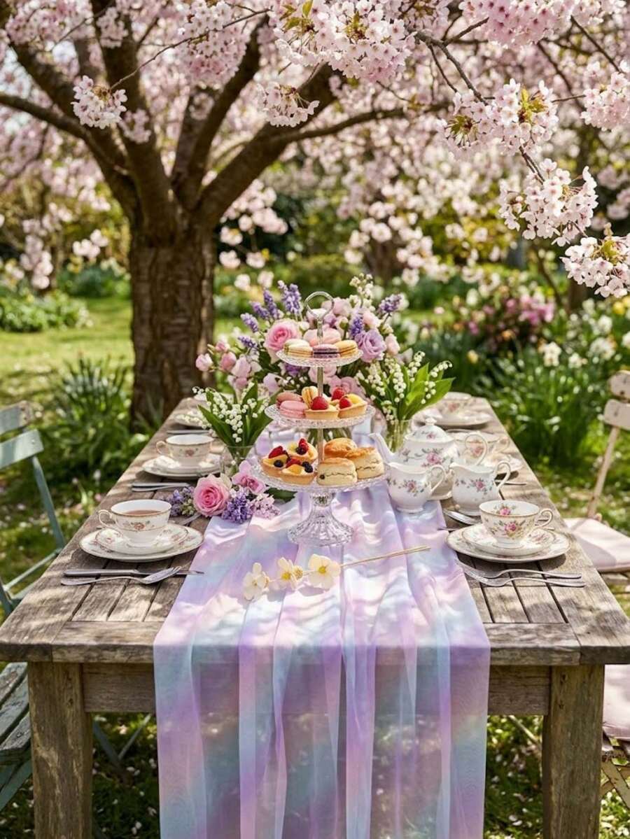 1pc Dreamy Rainbow Sheer Table Runner, Luxury Pink To Blue Gradient Polyester Fabric, Wrinkled Water Ripple Pattern, Macaron Gradient Design, Suitable For Wedding, Holiday, Coffee Table And Kitchen Decor, Wedding, Bridal Shower Decor, Room Decor, Home Decor, Wedding Decor, Photography Backdrop, All Seasons