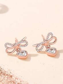 S925 Sterling Silver Classic Full Rhinestone Bow With Heart-Shaped Large Zirconia Accents, Ultra-Luxurious High-End Fashion Versatile Earrings, Elegant Gift For Family, Friends And Couples - Rose Gold - View 2