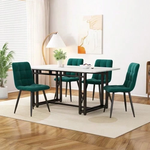 120x70cm Black Dining Table With 4 Chairs Set, Modern Kitchen Dining Table Set, Dark Green Velvet Dining Chairs, Black Iron Leg Table - 墨綠色 - 查看 1