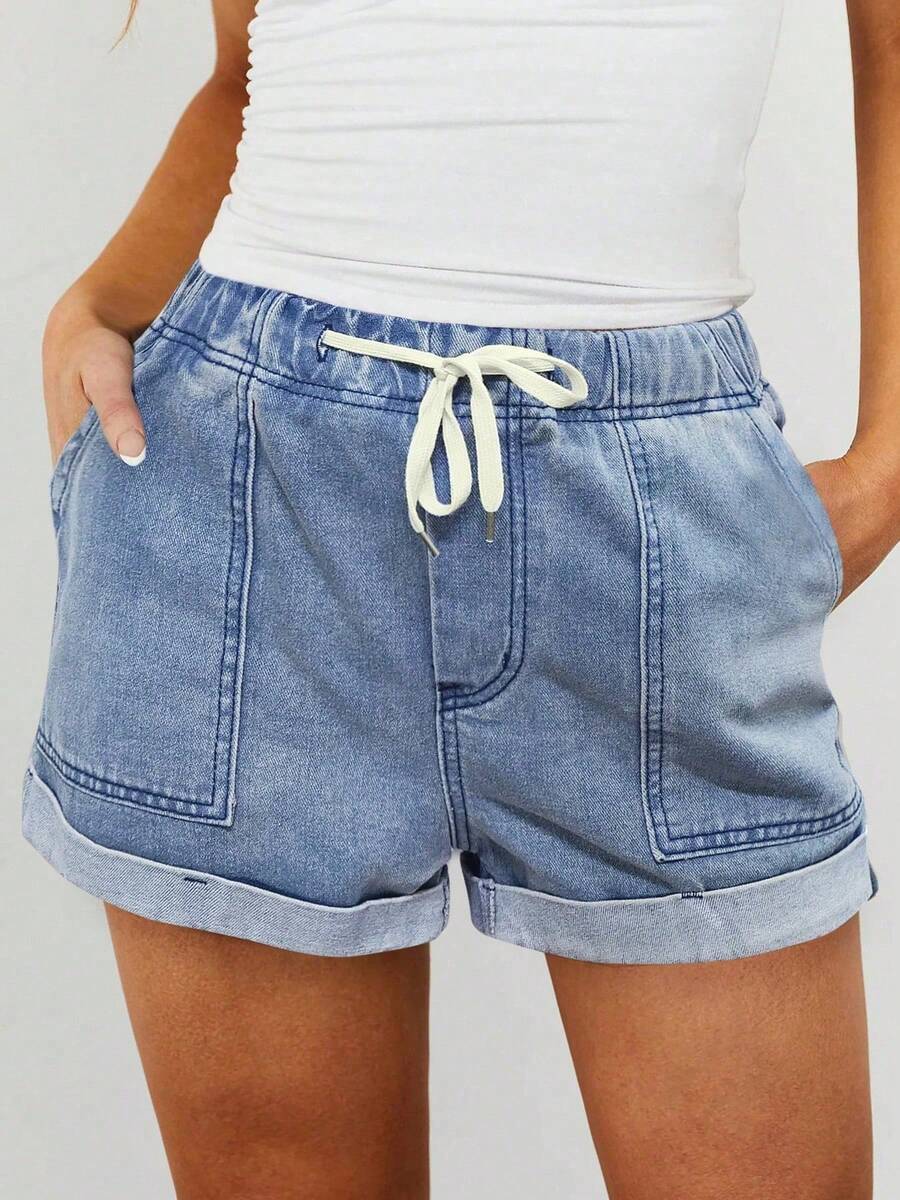 Pantalones cortos vaqueros de verano ligeros para mujer, estilo casual suelto con cordón y cintura elástica, bajo con dobladillo, cómodos para vacaciones con estilo vaquero - Cesta de flores fritas - Ver 1
