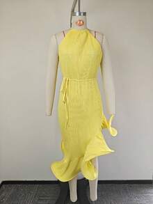 New Sensual Pleated Slit Spring Dress - Yellow - View 2
