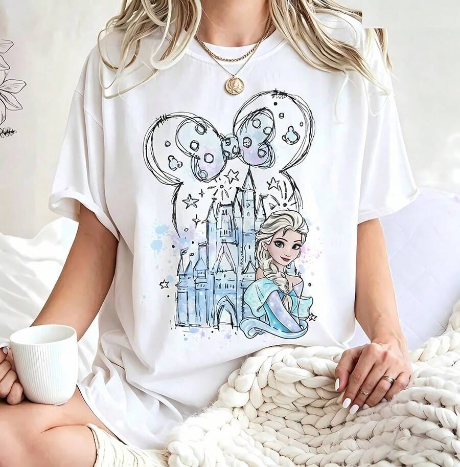 (Loose Fit)Disney Frozen Elsa Castle Watercolor Graphic T-Shirt For Women, Breathable Cotton Crew Neck Tee, Casual Summer Tops De Mujer - 白色 - 查看 1