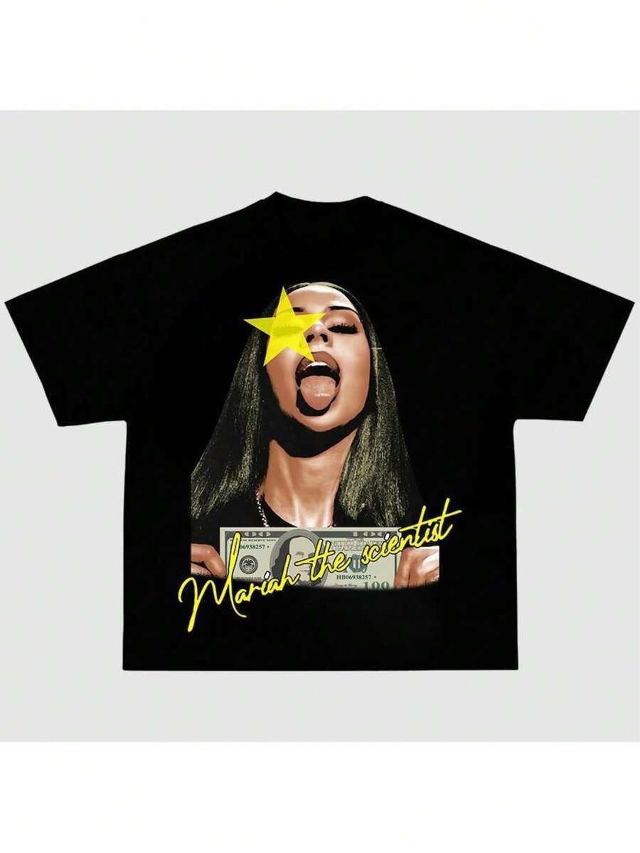 Love You Gift,[100% Cotton] Mariahh The Scientistt Star Yellow Tee Shirt, Graphic Tee Shirt Classic Cotton - 黑色 - 查看 1